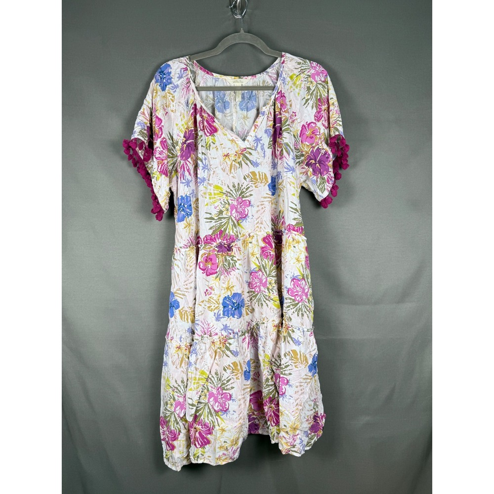 Matilda Jane Floral Tiered Midi Dress Womens S White Pink Pom Pom Trim V-Neck